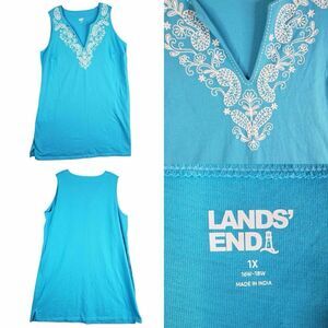 Lands End Shift Dress Women's Plus Size 1X Blue Teal Sleeveless Embroidered